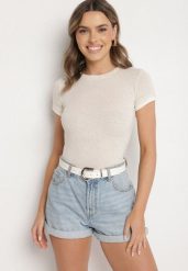 Beżowy T-shirt z Lnem o Dopasowanym Kroju Salionaria. Brązowe t-shirty damskie Born2be, s, bez wzorów, z jeansu, bez kołnierzyka. Za 49.99 zł.