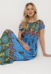 Niebieska Bawełniana Sukienka w Etno Wzór z Gumką w Talii i Hiszpańskim Dekoltem Orose. Niebieskie sukienki damskie Born2be, z aplikacjami, z bawełny, eleganckie, bez ramiączek. Za 79.99 zł.