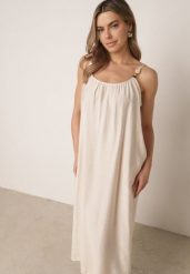 Beżowa Pudełkowa Sukienka Boho z Wiskozy na Ramiączkach z Ozdobnymi Koralikami Erane. Brązowe sukienki damskie Born2be, bez wzorów, z tkaniny, boho, bez ramiączek. Za 89.99 zł.