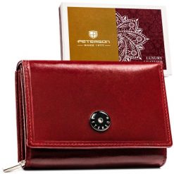 Elegancki i kompaktowy portfel damski w czerwonym kolorze wykonany ze skóry naturalnej - Peterson. Czerwone portfele damskie Peterson, bez wzorów, ze skóry. Za 114.99 zł.