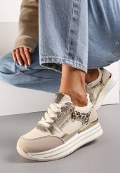 Beżowe Sneakersy z Metalicznymi Wstawkami i Brokatem na Grubej Podeszwie Anova. Brązowe obuwie sportowe damskie Renee, na wiosnę, bez zapięcia. Za 109.99 zł.