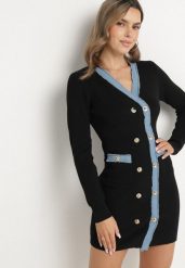 Czarna Dzianinowa Sukienka z Wiskozą w Stylu Retro z Ozdobnymi Napami Tesmere. Czarne sukienki damskie Born2be, z aplikacjami, z dzianiny, eleganckie, bez ramiączek. W wyprzedaży za 127.99 zł.