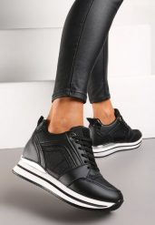 Czarne Sneakersy na Ukrytym Koturnie Ozdobione Brokatem i Metaliczną Wstawką Infora. Czarne obuwie sportowe damskie Renee, z materiału, bez zapięcia. Za 109.99 zł.