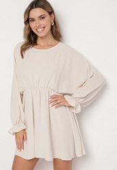 Jasnobeżowa Sukienka o Rozkloszowanym Kroju z Ozdobnymi Mankietami Terellea. Brązowe sukienki damskie Born2be, bez wzorów, z jeansu, eleganckie, bez ramiączek. W wyprzedaży za 72.24 zł.