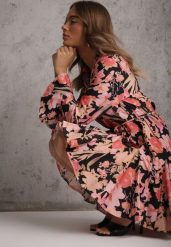 Czarna Sukienka z Wiskozy w Kwiatowy Print Ozdobiona Paskiem Asintena. Czarne sukienki damskie Renee, bez wzorów, z koronki, eleganckie, bez ramiączek. Za 119.99 zł.