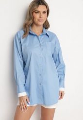 Niebieska Klasyczna Koszula z Bawełny o Kroju Oversize Ronavelle. Niebieskie koszule damskie Born2be, uniwersalny, bez wzorów, z bawełny, biznesowe, bez kołnierzyka, bez ramiączek. Za 99.99 zł.
