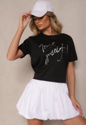Czarny T-shirt Zdobiony Napisem z Brokatem Tezilea. Czarne t-shirty damskie Renee, l, z aplikacjami, z jeansu, bez kołnierzyka. Za 29.99 zł.