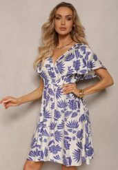 Biało-Granatowa Sukienka z Motywem Roślinnym z Gumką w Talii i Dekoltem w Serek Wiacara. Białe sukienki damskie Renee, bez wzorów, bez ramiączek. Za 89.99 zł.