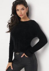 Czarny Dopasowany Sweter z Dzianiny w Prążki Corde. Czarne swetry klasyczne damskie Born2be, z dzianiny, bez kołnierzyka. Za 49.99 zł.