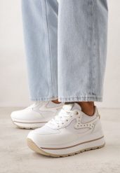 Białe Sneakersy na Grubej Podeszwie z Perforacją i Tweedowymi Wstawkami Idaphyphe. Białe obuwie sportowe damskie Born2be, z jeansu, bez zapięcia. Za 119.99 zł.