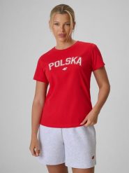 4F Koszulka kibica damska - czerwona M. Czerwone koszulki sportowe damskie 4F, m, bez wzorów, z bawełny, bez ramiączek. Za 59.99 zł.