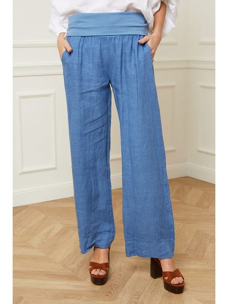 Fleur de Lin Lniane spodnie "Astrid" w kolorze niebieskim rozmiar: L. Niebieskie spodnie materiałowe damskie Fleur de Lin, bez wzorów, ze lnu. Za 113.63 zł.