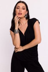 Czarna Kobieca Bluzka Wiskozowa na Zakładkę. Czarne bluzki damskie MOE, l, bez wzorów, z elastanu, wizytowe, bez kołnierzyka, bez ramiączek. Za 207.90 zł.