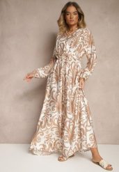 Jasnobeżowa Sukienka z Wiskozą o Rozkloszowanym Kroju w Abstrakcyjny Print Ridirinda. Brązowe sukienki damskie Renee, bez wzorów, z materiału, bez ramiączek. W wyprzedaży za 119.99 zł.