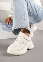 Beżowe Sneakersy na Platformie z Geometrycznym Wzorem Farissa. Brązowe obuwie sportowe damskie Renee, z jeansu, bez zapięcia. Za 89.99 zł.