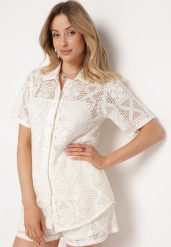 Jasnobeżowa Koszula Boho z Krótkimi Rękawami z Ażurowej Koronki Cardana. Brązowe koszule damskie Born2be, l, w ażurowe wzory, z jeansu, boho, bez kołnierzyka, bez ramiączek. Za 129.99 zł.