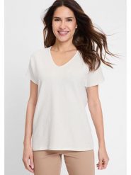 Olsen Koszulka w kolorze kremowym rozmiar: 36. Brązowe bluzki damskie Olsen, bez wzorów, z bawełny, bez kołnierzyka, bez ramiączek. Za 60.99 zł.