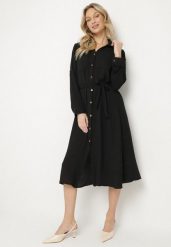 Czarna Koszulowa Sukienka z Materiałowym Paskiem Vivinara. Czarne sukienki damskie Born2be, bez wzorów, z materiału, eleganckie, bez ramiączek. W wyprzedaży za 84.99 zł.