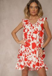 Czerwona Sukienka z Lnem o Pudełkowym Kroju Bez Rękawów z Cyrkoniami Nidellis. Czerwone sukienki damskie Renee, bez wzorów, z jeansu, eleganckie, bez ramiączek. Za 69.99 zł.