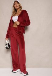 Bordowy Welurowy Komplet Dresowy Bluza z Kapturem i Szerokie Spodnie Poretta. Czerwone bluzy damskie Renee, m, bez wzorów, z dresówki, z kapturem. Za 69.99 zł.