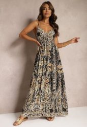 Czarno-Beżowa Rozkloszowana Sukienka z Wiskozy na Regulowanych Ramiączkach w Stylu Boho Yalfea. Czarne sukienki damskie Renee, bez wzorów, z wiskozy, boho, bez ramiączek. Za 89.99 zł.