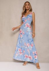 Niebieska Plisowana Sukienka o Rozkloszowanym Fasonie na Szerokich Ramiączkach Nitanela. Niebieskie sukienki damskie Renee, bez wzorów, z materiału, eleganckie, bez ramiączek. W wyprzedaży za 99.99 zł.