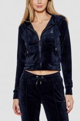JUICY COUTURE Granatowa bluza damska welurowa Madison z cyrkoniami, Rozmiar XS. Niebieskie bluzy damskie Juicy Couture, s, bez wzorów, z weluru, z kapturem. W wyprzedaży za 272.99 zł.