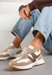 Ciemnobeżowe Sneakersy z Geometrycznym Wzorem Jenaviella. Brązowe obuwie sportowe damskie Renee, z materiału, bez zapięcia. Za 79.99 zł.