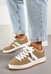 Ciemnobeżowe Sneakersy z Dwoma Paskami Galtewi. Brązowe obuwie sportowe damskie Born2be, z jeansu, bez zapięcia. Za 79.99 zł.