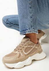 Ciemnobeżowe Sneakersy na Grubej Podeszwie z Wstawkami z Siatki Genovia. Brązowe obuwie sportowe damskie Born2be, bez zapięcia. Za 119.99 zł.