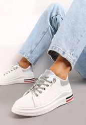 Biało-Srebrne Sneakersy Ozdobione Brokatem z Cyrkoniami na Sznurowadłach Nilena. Białe obuwie sportowe damskie Renee, bez zapięcia. Za 69.99 zł.