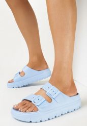 Granatowe Klapki z Paskami ze Sprzączkami na Platformie Avalona. Niebieskie klapki damskie Born2be, bez wzorów, bez obcasa, na platformie, bez zapięcia. Za 49.99 zł.