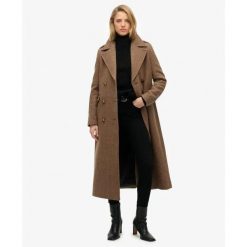 Płaszcz damski z mieszanki wełny z guzikami Superdry. Brązowe płaszcze damskie Superdry, s, bez wzorów, z wełny, bez kaptura. Za 920.00 zł.