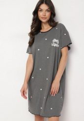Ciemnoszara Koszula Nocna z Bawełną w Kropki z Napisem Firasine. Szare koszule nocne i halki Born2be, bez wzorów, z bawełny, bez ramiączek. Za 39.99 zł.