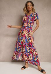 Różowa Sukienka z Bawełny w Abstrakcyjny Wzór Emisienna. Czerwone sukienki damskie Renee, bez wzorów, z bawełny, eleganckie, bez ramiączek. W wyprzedaży za 55.99 zł.