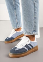 Niebiesko-Granatowe Sneakersy w Stylu Tenisówek z Paskami Falanisa. Niebieskie obuwie sportowe damskie Born2be, z jeansu, bez zapięcia, tenisowe. Za 89.99 zł.