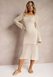 Beżowa Sukienka Dzianinowa Midi w stylu Boho z Głębokim Dekoltem na Plecach Moralie. Brązowe sukienki damskie Renee, bez wzorów, z dzianiny, boho, bez ramiączek. Za 129.99 zł.
