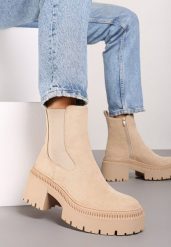 Beżowe Botki na Słupku i Platformie Sztyblety Grunge z Elastyczną Cholewką Lericea. Brązowe botki damskie Renee, na jesień, z jeansu, eleganckie, z okrągłym noskiem, bez obcasa, na obcasie, bez zapięcia. Za 149.99 zł.