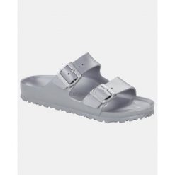 Klapki Birkenstock Arizona Eva Damskie. Szare klapki damskie Birkenstock, bez wzorów, z materiału, bez obcasa, bez zapięcia. Za 339.00 zł.