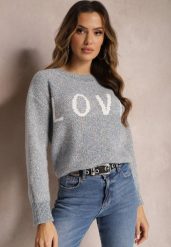Granatowy Sweter z Ozdobnym Napisem Wykończony Ściągaczami Minisoji. Niebieskie swetry klasyczne damskie Renee, l, z elastanu, bez kołnierzyka. Za 99.99 zł.