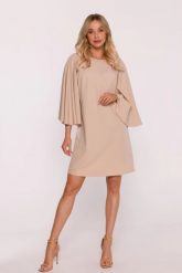 Elegancka sukienka trapezowa z bufiastymi rękawami beżowa. Brązowe sukienki damskie Stylove, bez wzorów, eleganckie, bez ramiączek. Za 329.00 zł.