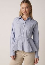 Niebieska Koszula z Bawełną w Paseczki z Rozkloszowanym Dołem Meridianes. Niebieskie koszule damskie Born2be, l, bez wzorów, z bawełny, eleganckie, bez kołnierzyka, bez ramiączek. Za 129.99 zł.