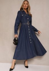 Granatowa Wiskozowa Sukienka Koszulowa z Bawełną Ozdobiona Paskiem Halanoria. Niebieskie sukienki damskie Renee, bez wzorów, z bawełny, eleganckie, bez ramiączek. W wyprzedaży za 227.99 zł.