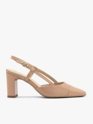 Beżowe czółenka typu slingback. Brązowe czółenka damskie Brawo sp. z o.o., bez wzorów, ze skóry, z okrągłym noskiem, bez obcasa, na słupku. Za 379.99 zł.