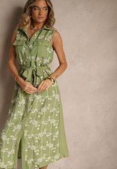Zielona Sukienka Koszulowa z Wiązanym Paskiem i Haftowanym Zdobieniem Malenea. Zielone sukienki damskie Renee, z aplikacjami, z jeansu, eleganckie, bez ramiączek. W wyprzedaży za 111.99 zł.