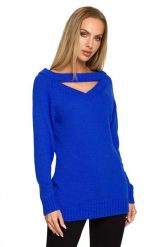 Sweter z Wycięciem na Dekolcie - Szafirowy. Niebieskie swetry klasyczne damskie MOE, l, z materiału, bez kołnierzyka. Za 269.90 zł.