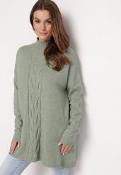 Jasnozielony Oversizowy Sweter Golf z Wiskozą i Ozdobnym Splotem z Przodu Goyanes. Zielone golfy damskie Born2be, bez wzorów, z wiskozy, bez ramiączek. Za 99.99 zł.