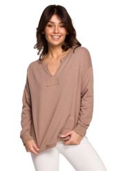 Efektowna Bluza z Wycięciem przy Dekolcie - Cappuccino. Czarne bluzy damskie MOE, l, bez wzorów, z bawełny, bez kaptura. Za 204.90 zł.