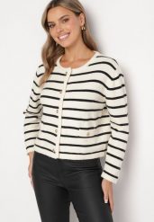 Kremowo-Czarny Rozpinany Kardigan z Kaszmirem w Paski z Imitacjami Kieszonkami Edrialla. Brązowe kardigany damskie Born2be, l, bez wzorów, z jeansu. Za 119.99 zł.