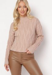 Beżowy Klasyczny Golf z Dużym Splotem Abelarda. Brązowe golfy damskie Born2be, bez wzorów, ze splotem, bez ramiączek. Za 119.99 zł.